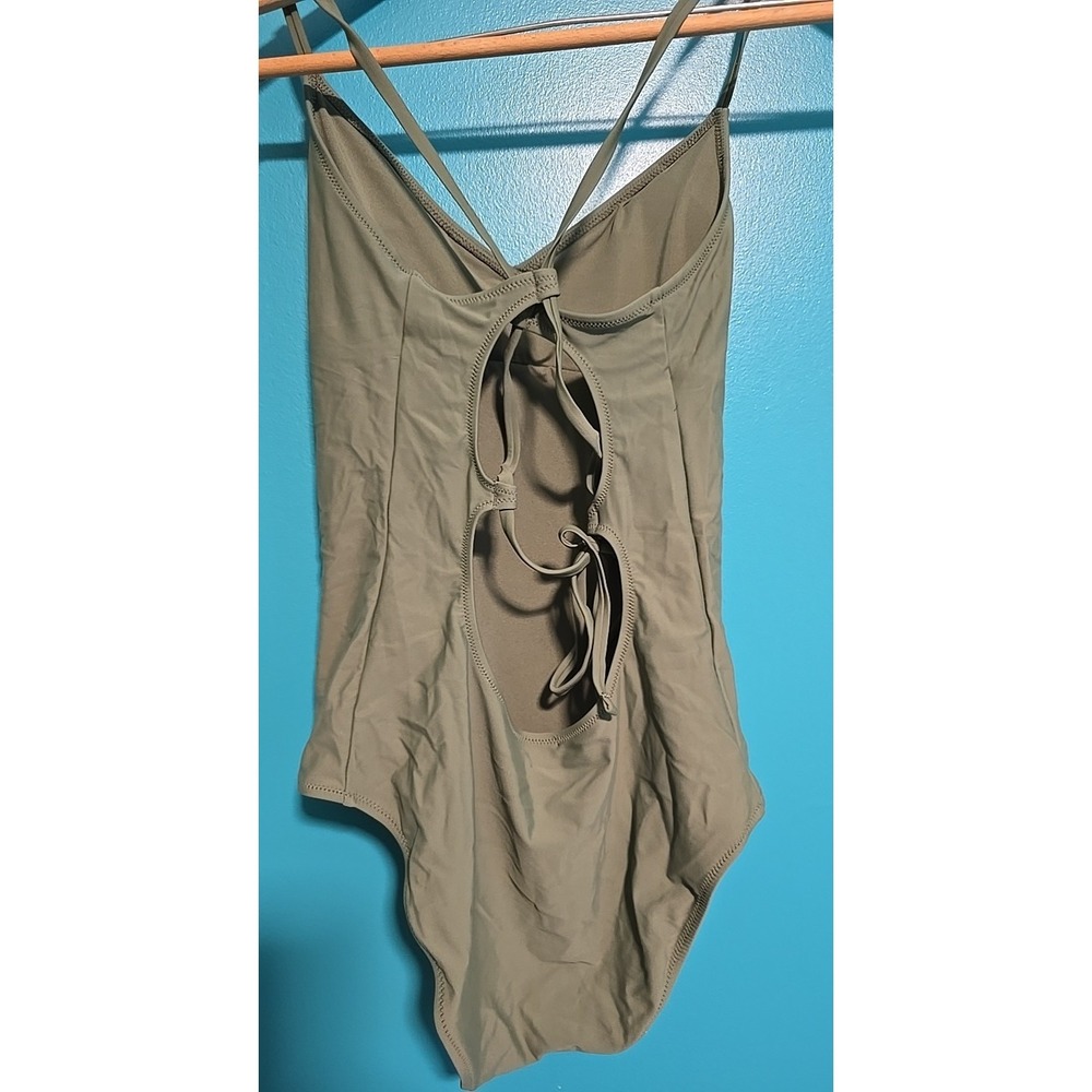 Aerie Swimsuit Womens M Green One Piece Strappy Back Lace Up Full Coverage Swim